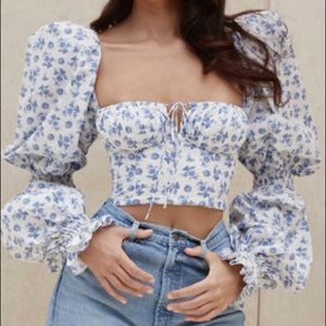 'MILLICENT' BLUE PRINT CROPPED CORSET TOP